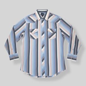 NWT Wrangler Size 17x37 Tall Pearl Snap Button Up Blue Stripe Rodeo Western